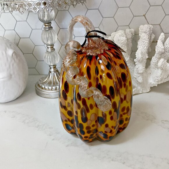 NEW! BOHO LEOPARD ANIMAL PRINT GLASS PUMPKIN - Picture 3 of 4